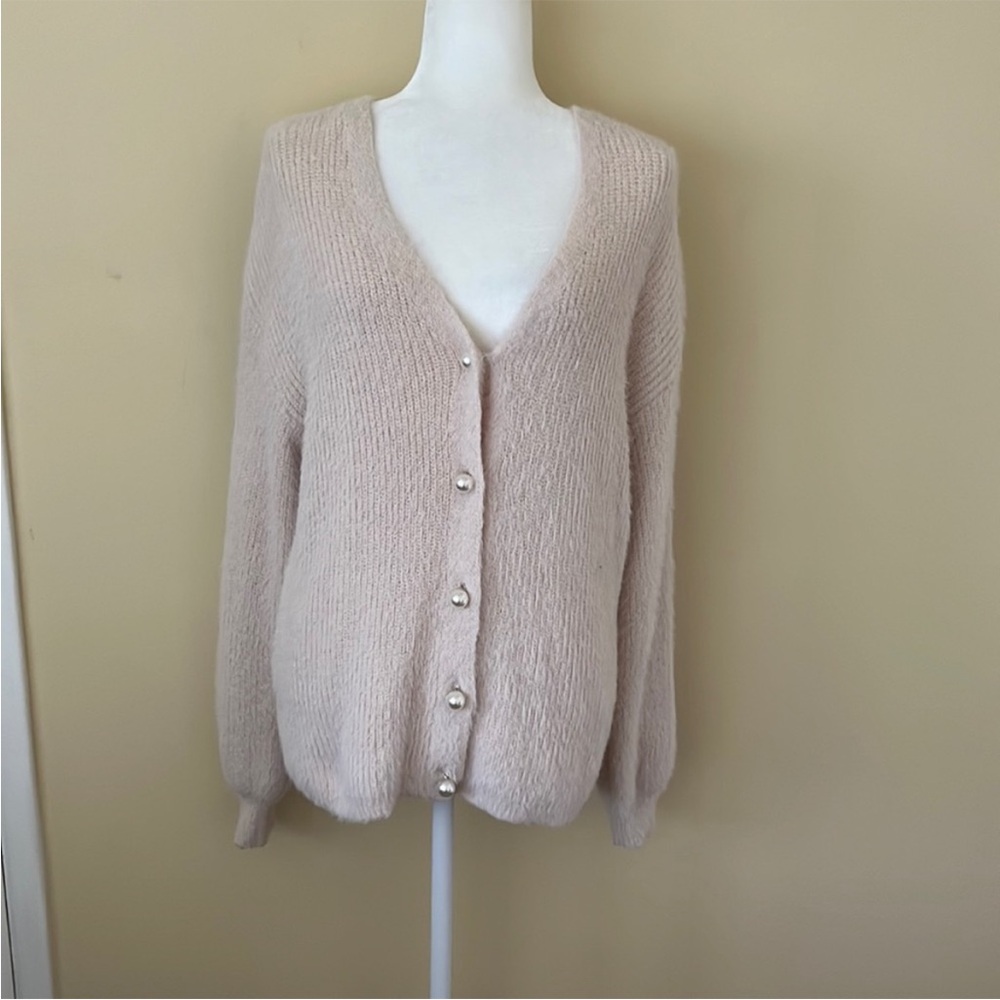 Pink fluffy cardigan with pearl buttons. Size small